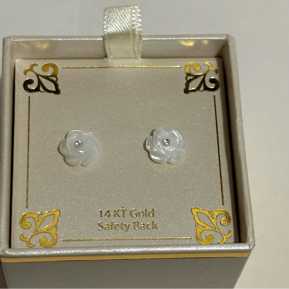 Elegant Mother of Pearl White Rose Stud Earrings in 14k Gold with screwbacks